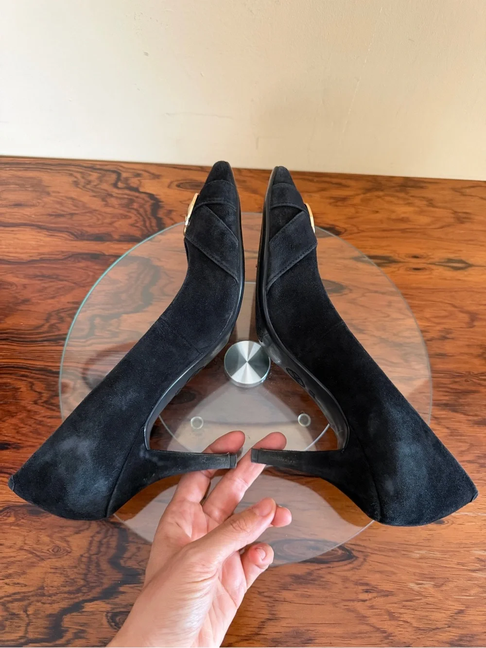 Michael Kors Caroline Black Suede Gold MK Logo Medallion Pointed Toe Pumps 9.5
